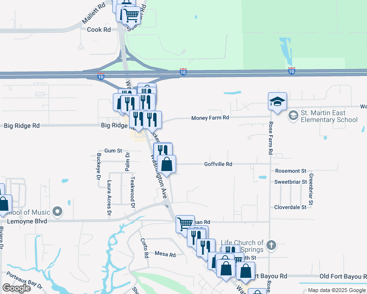 map of restaurants, bars, coffee shops, grocery stores, and more near 70350 Tucker Road in Ocean Springs