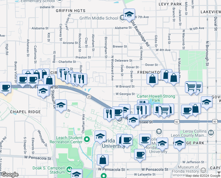 map of restaurants, bars, coffee shops, grocery stores, and more near 600 N Woodward Ave in Tallahassee