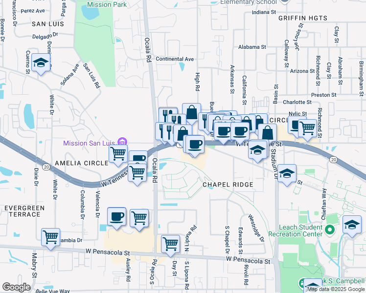 map of restaurants, bars, coffee shops, grocery stores, and more near in Tallahassee