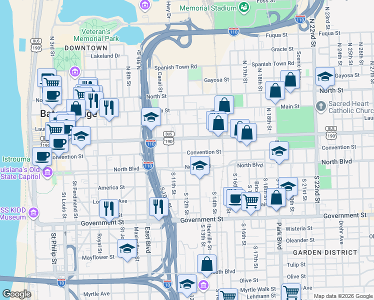 map of restaurants, bars, coffee shops, grocery stores, and more near 1165 Convention Street in Baton Rouge