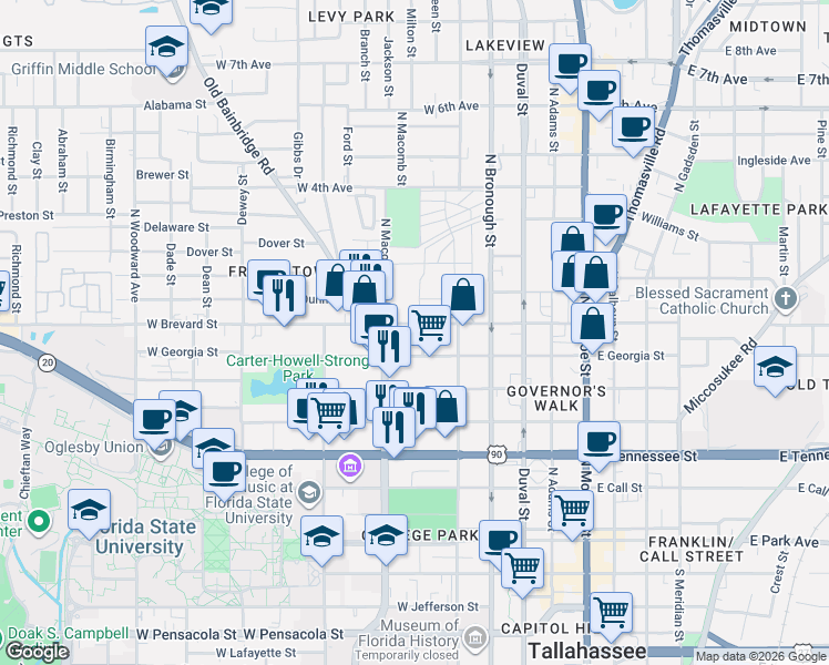 map of restaurants, bars, coffee shops, grocery stores, and more near 433 West Brevard Street in Tallahassee