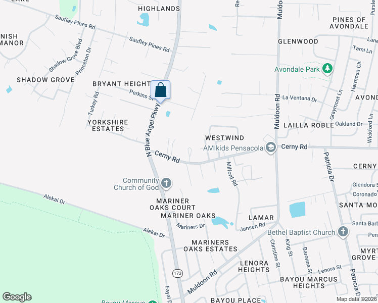 map of restaurants, bars, coffee shops, grocery stores, and more near 5514 Cerny Road in Pensacola