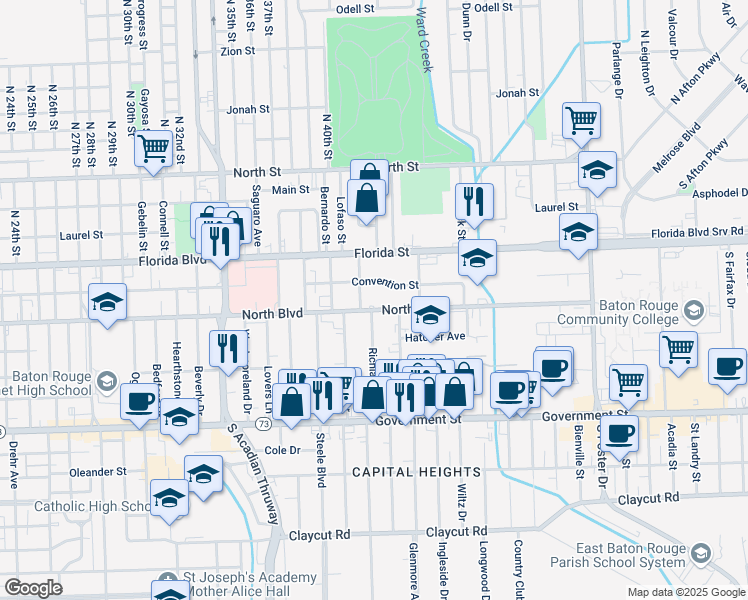 map of restaurants, bars, coffee shops, grocery stores, and more near in Baton Rouge