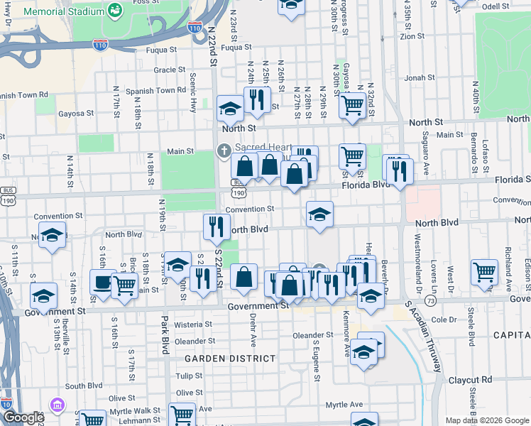 map of restaurants, bars, coffee shops, grocery stores, and more near 124 North 25th Street in Baton Rouge