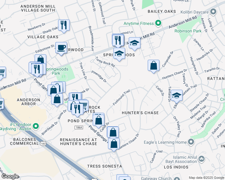 map of restaurants, bars, coffee shops, grocery stores, and more near 12601 Turtle Rock Road in Austin