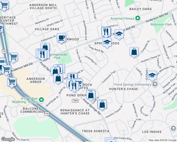 map of restaurants, bars, coffee shops, grocery stores, and more near 12407 Tree Line Drive in Austin