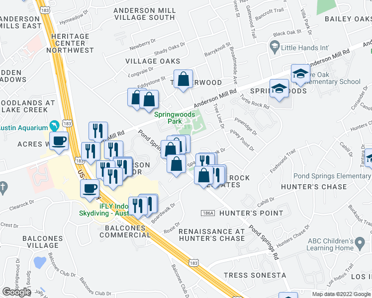 map of restaurants, bars, coffee shops, grocery stores, and more near 12304a Burr Ridge Drive in Austin
