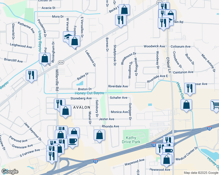 map of restaurants, bars, coffee shops, grocery stores, and more near 1315 Boreas Drive in Baton Rouge