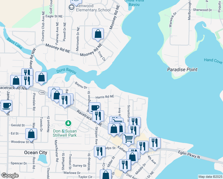 map of restaurants, bars, coffee shops, grocery stores, and more near 101 Harris Road Northeast in Fort Walton Beach