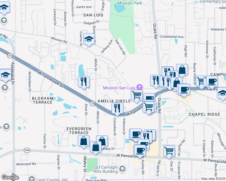 map of restaurants, bars, coffee shops, grocery stores, and more near 2204 Timberwood Circle South in Tallahassee