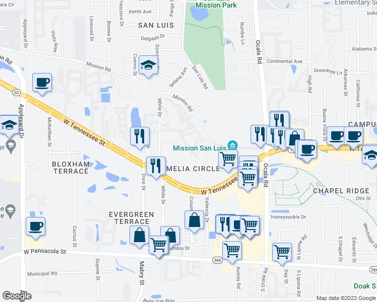 map of restaurants, bars, coffee shops, grocery stores, and more near 2204 Timberwood Circle South in Tallahassee