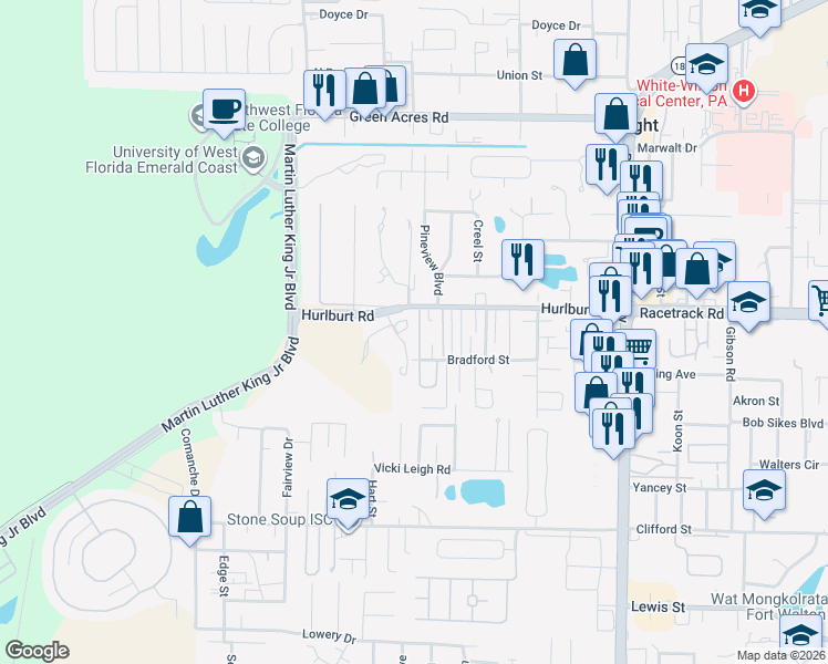 map of restaurants, bars, coffee shops, grocery stores, and more near 116 Bradford Street in Fort Walton Beach
