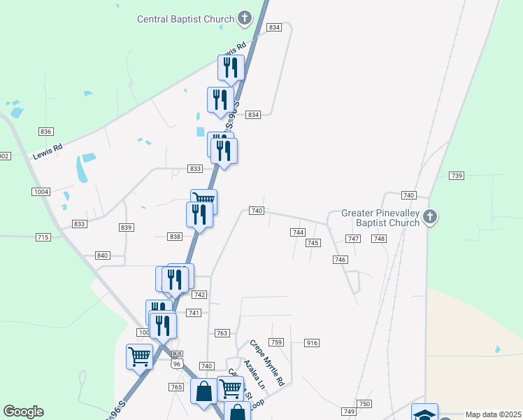 map of restaurants, bars, coffee shops, grocery stores, and more near 1384 County Road 725 in Buna