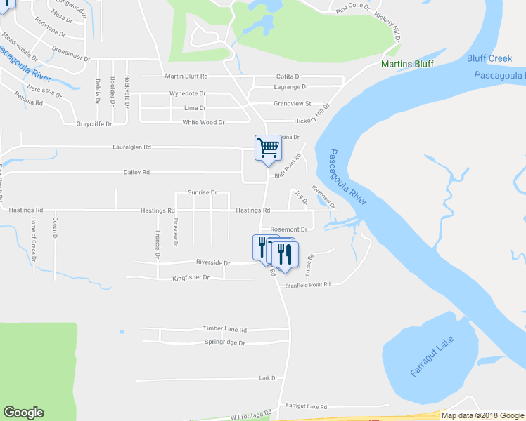 map of restaurants, bars, coffee shops, grocery stores, and more near 7401 Martin Bluff Road in Gautier