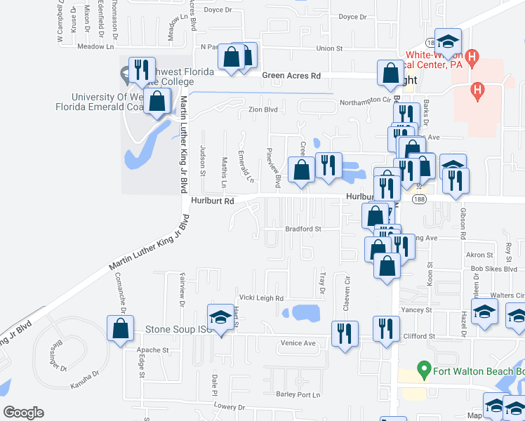 map of restaurants, bars, coffee shops, grocery stores, and more near 976 Scenic Oak Lane in Fort Walton Beach