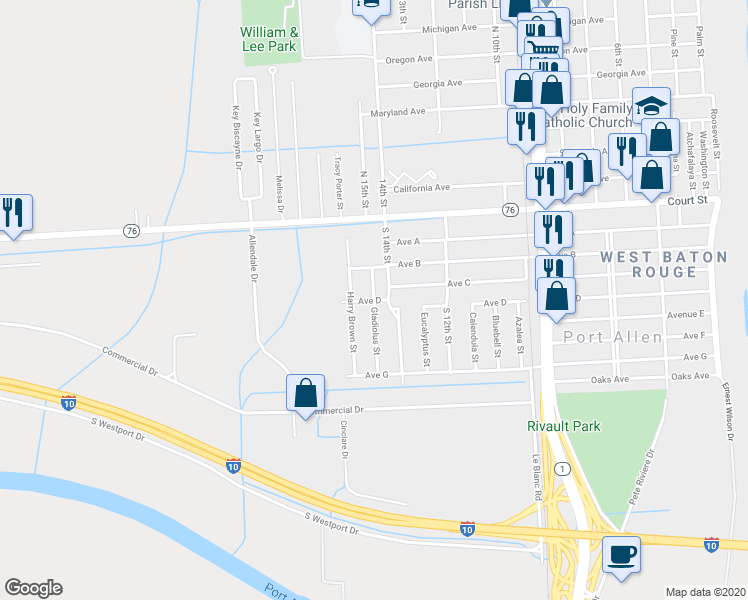 map of restaurants, bars, coffee shops, grocery stores, and more near 1398 Avenue D in Port Allen