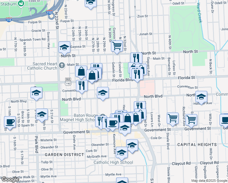 map of restaurants, bars, coffee shops, grocery stores, and more near 2955 North Boulevard in Baton Rouge