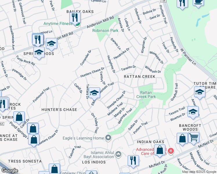 map of restaurants, bars, coffee shops, grocery stores, and more near 7713 Elkhorn Mountain Trail in Austin