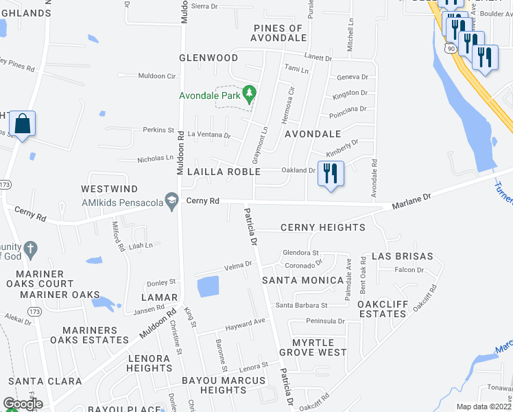 map of restaurants, bars, coffee shops, grocery stores, and more near 3803 Patricia Drive in Pensacola