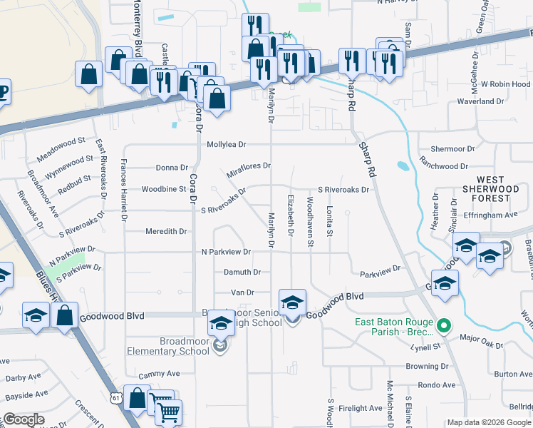 map of restaurants, bars, coffee shops, grocery stores, and more near 644 Marilyn Drive in Baton Rouge