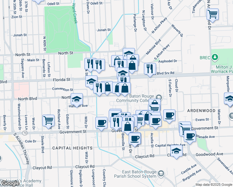 map of restaurants, bars, coffee shops, grocery stores, and more near 4868 North Blvd in Baton Rouge
