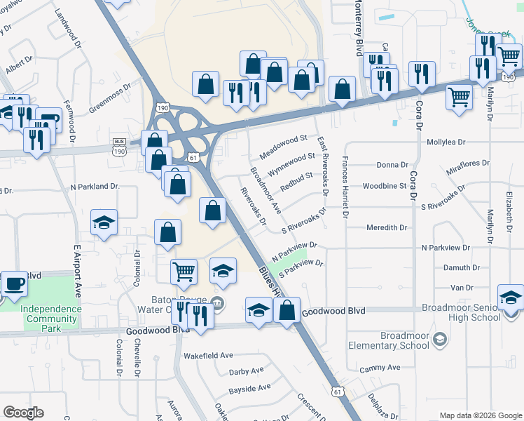 map of restaurants, bars, coffee shops, grocery stores, and more near 625 Riveroaks Drive in Baton Rouge
