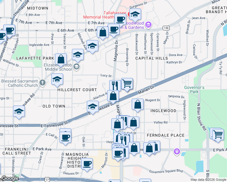 map of restaurants, bars, coffee shops, grocery stores, and more near 1208 Alachua Avenue in Tallahassee