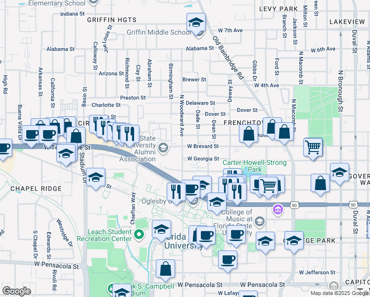 map of restaurants, bars, coffee shops, grocery stores, and more near 600 North Woodward Avenue in Tallahassee