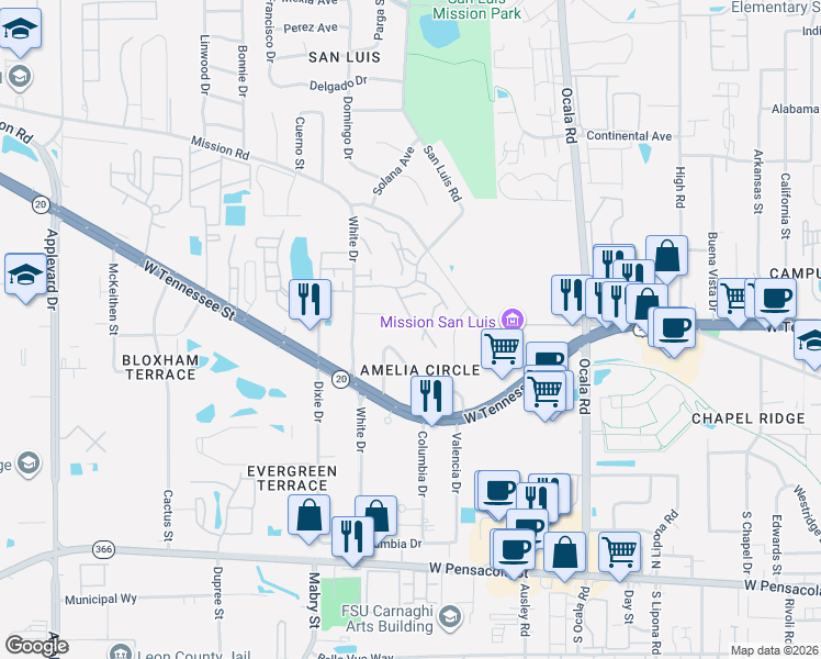 map of restaurants, bars, coffee shops, grocery stores, and more near 698 Timberwood Circle East in Tallahassee