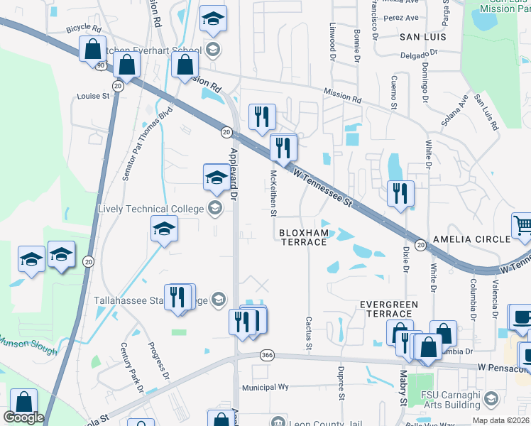 map of restaurants, bars, coffee shops, grocery stores, and more near 500 McKeithen Street in Tallahassee