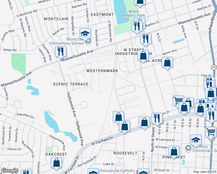map of restaurants, bars, coffee shops, grocery stores, and more near 1205 El Paso Circle in Pensacola