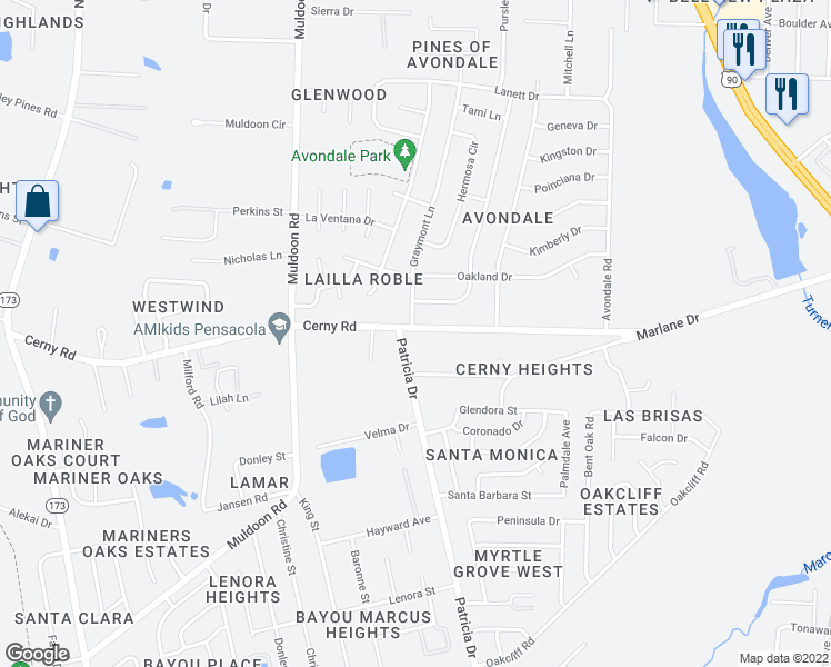 map of restaurants, bars, coffee shops, grocery stores, and more near 3803 Patricia Drive in Pensacola
