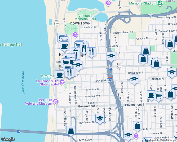 map of restaurants, bars, coffee shops, grocery stores, and more near 717 Convention Street in Baton Rouge
