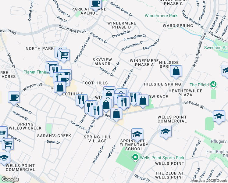 map of restaurants, bars, coffee shops, grocery stores, and more near 15918 Windermere Drive in Pflugerville