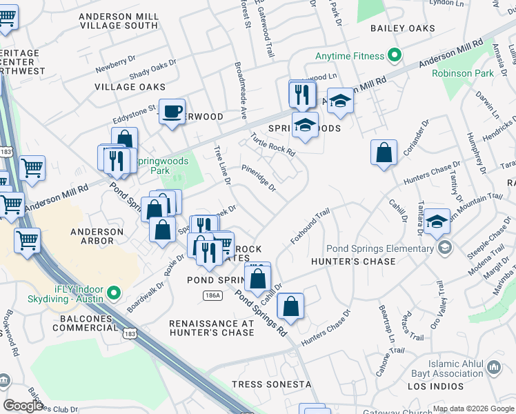 map of restaurants, bars, coffee shops, grocery stores, and more near 12407 Tree Line Drive in Austin