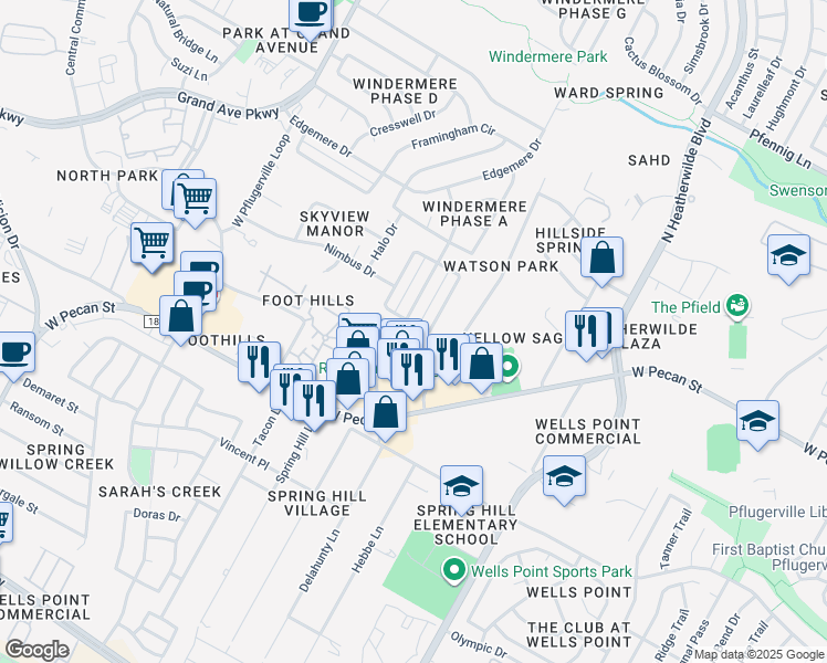 map of restaurants, bars, coffee shops, grocery stores, and more near 15913 Windermere Drive in Pflugerville