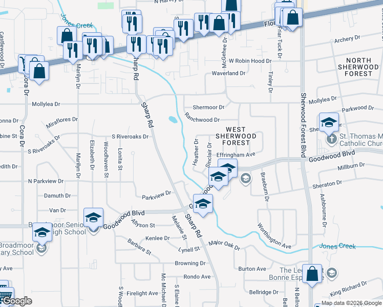 map of restaurants, bars, coffee shops, grocery stores, and more near 1120 Heather Drive in Baton Rouge