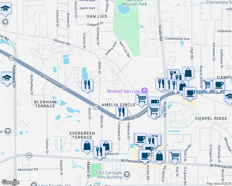 map of restaurants, bars, coffee shops, grocery stores, and more near 698 Timberwood Circle East in Tallahassee