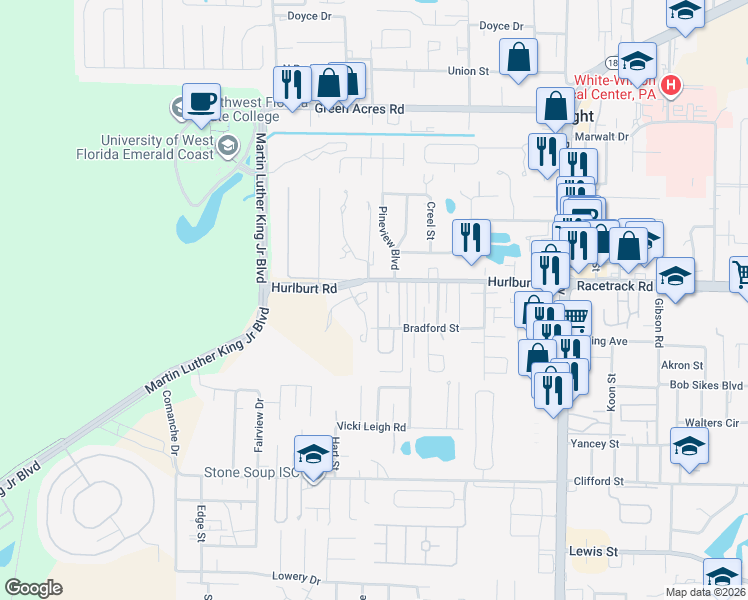 map of restaurants, bars, coffee shops, grocery stores, and more near 110 Bradford Street in Fort Walton Beach