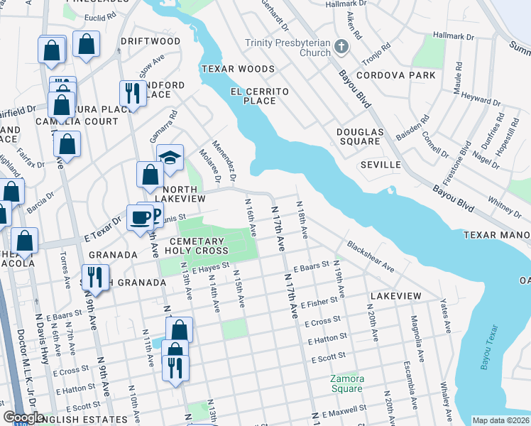 map of restaurants, bars, coffee shops, grocery stores, and more near 1641 East Maura Street in Pensacola