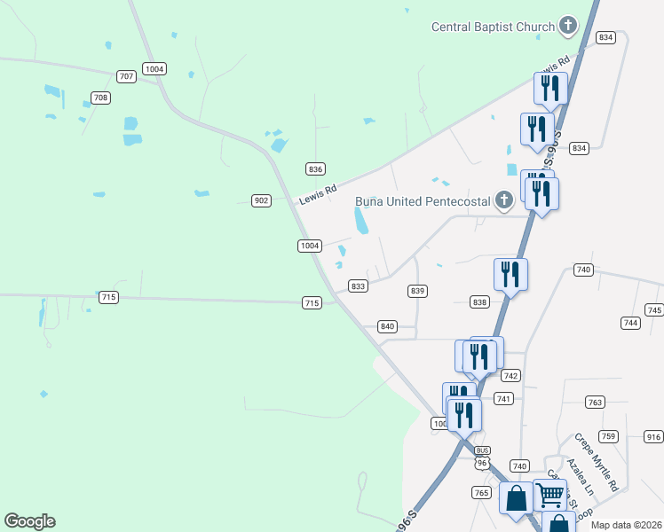 map of restaurants, bars, coffee shops, grocery stores, and more near 15131 Farm to Market 1004 in Buna