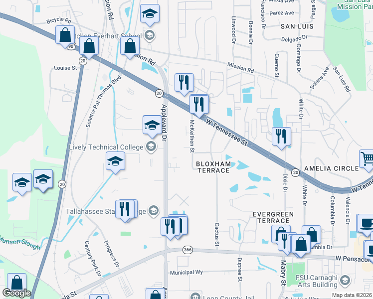 map of restaurants, bars, coffee shops, grocery stores, and more near 500 McKeithen Street in Tallahassee