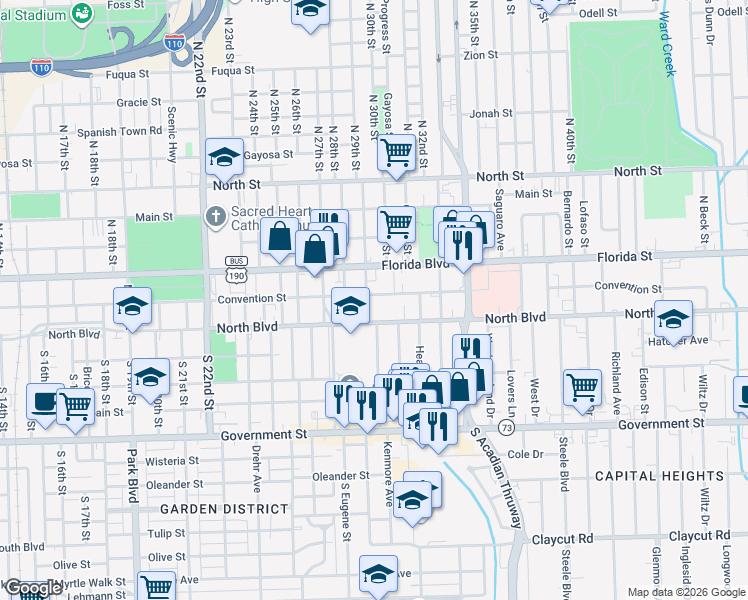 map of restaurants, bars, coffee shops, grocery stores, and more near 2955 North Boulevard in Baton Rouge