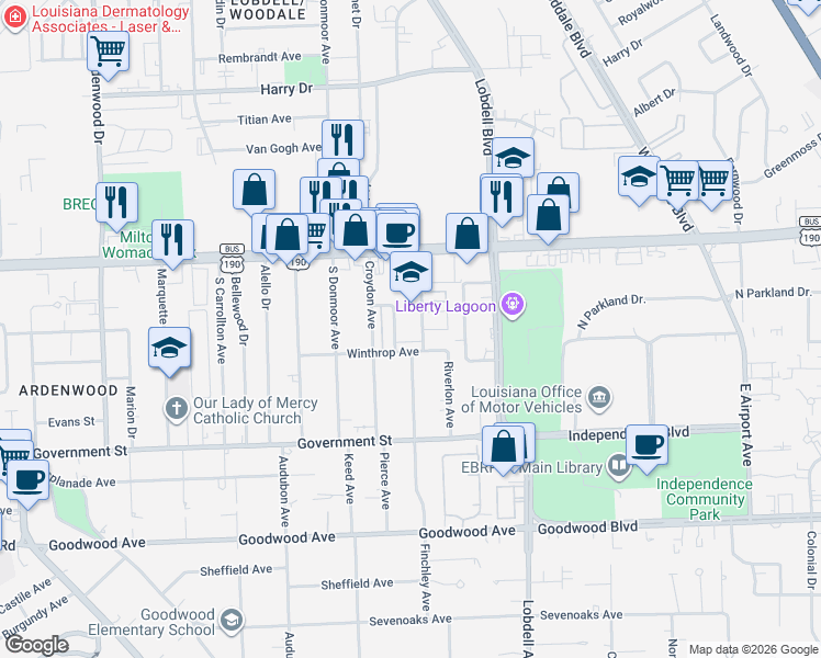map of restaurants, bars, coffee shops, grocery stores, and more near 224 Ocean Drive in Baton Rouge