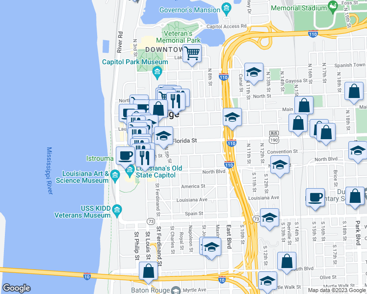 map of restaurants, bars, coffee shops, grocery stores, and more near 625 Convention Street in Baton Rouge