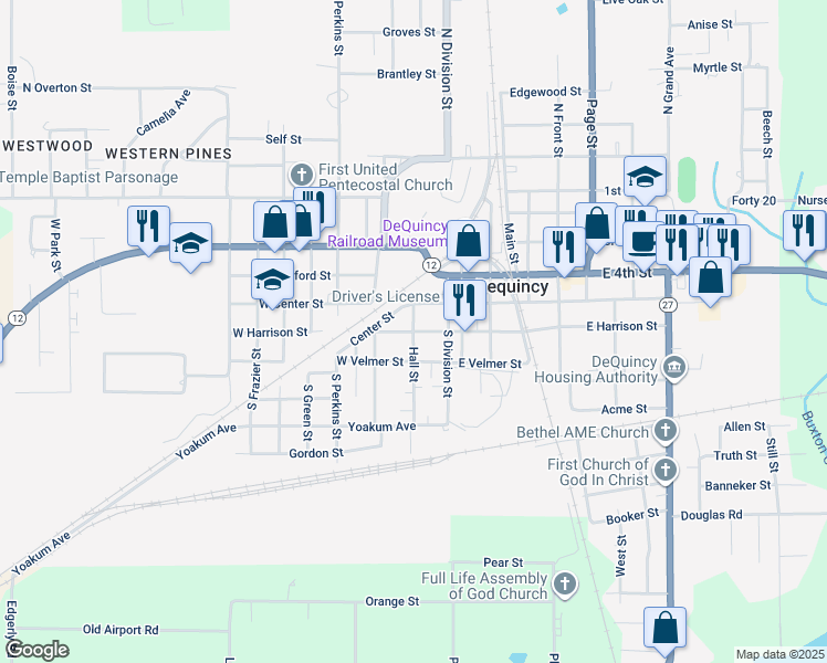 map of restaurants, bars, coffee shops, grocery stores, and more near West Harrison Street & Hall Street in DeQuincy