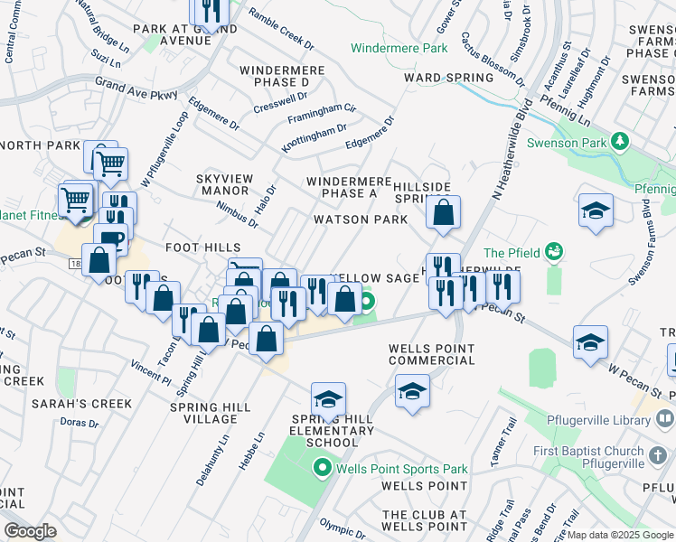 map of restaurants, bars, coffee shops, grocery stores, and more near 1908 West Pecan Street in Pflugerville