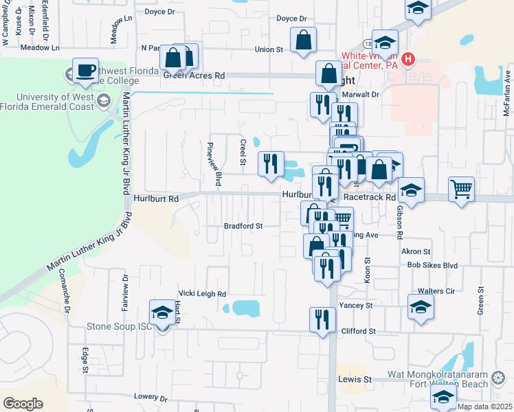 map of restaurants, bars, coffee shops, grocery stores, and more near 1810 Hurlburt Road in Fort Walton Beach