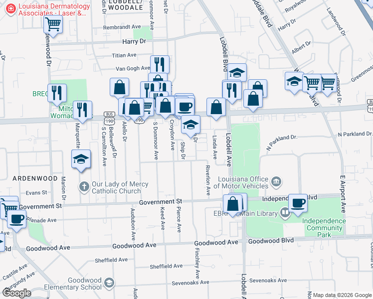 map of restaurants, bars, coffee shops, grocery stores, and more near 250 Ship Drive in Baton Rouge