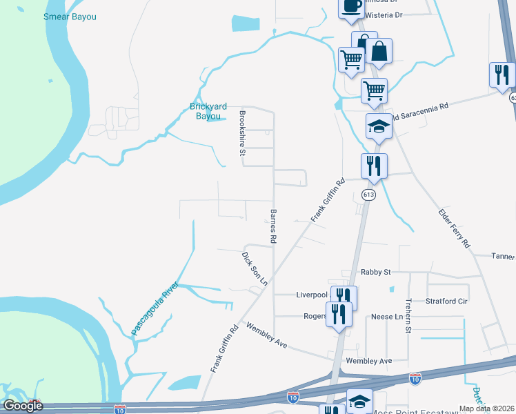map of restaurants, bars, coffee shops, grocery stores, and more near 7325 Barnes Road in Moss Point